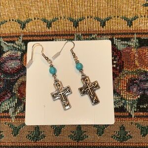Chic Cross Dangle Earrings with Blue Beads